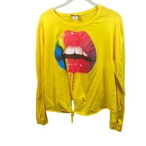 Miss Popular Yellow Graphic‎ Lips Long Sleeve Tie Front Top Size 3X
